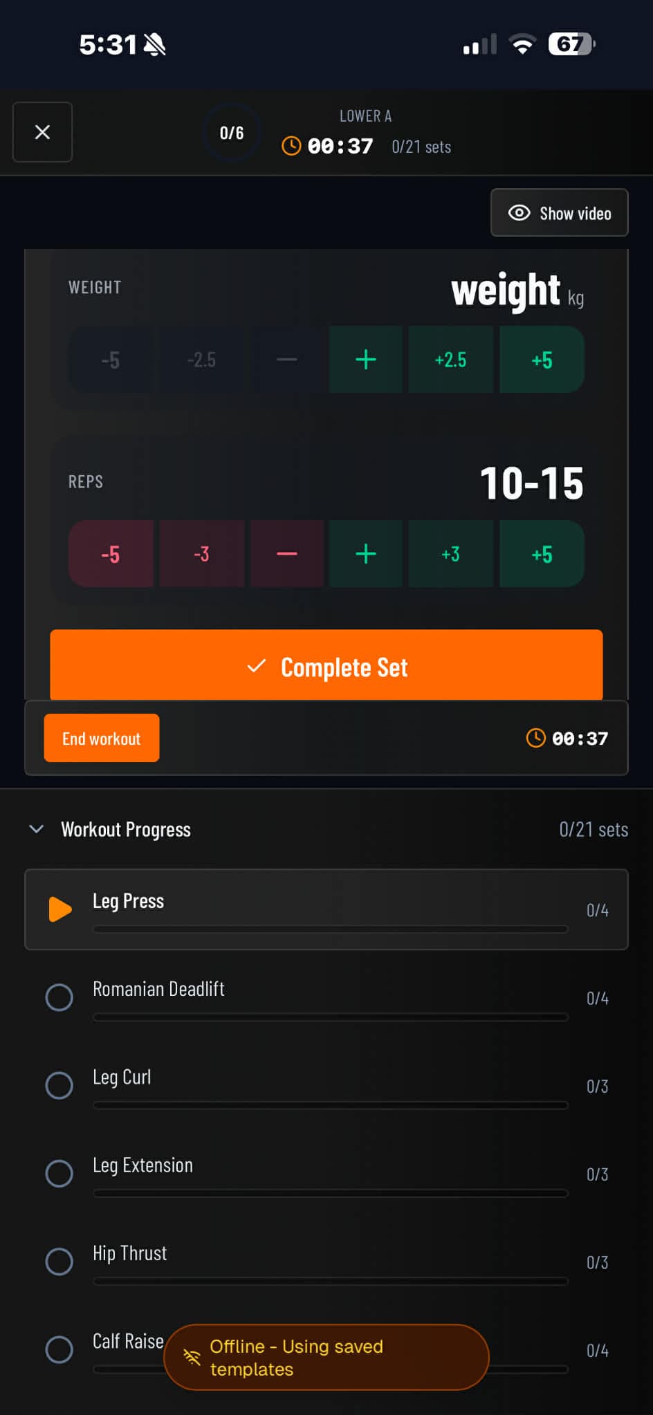 Workout execution and logging screen